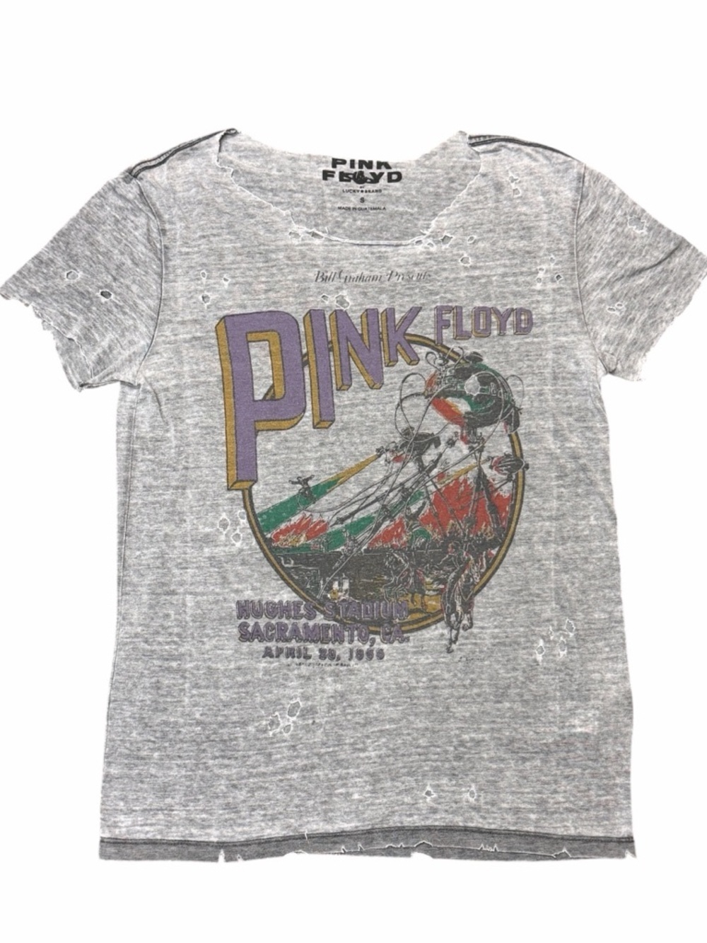 Lucky Brand Oversized Distressed Pink Floyd Hughes Stadium 1988 Concert Tee - Picture 2 of 7